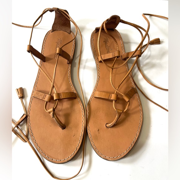 MADEWELL BOARDWALK Leather Lace-Up Gladiator Flat Sandal in Desert Camel 8 - Picture 1 of 16
